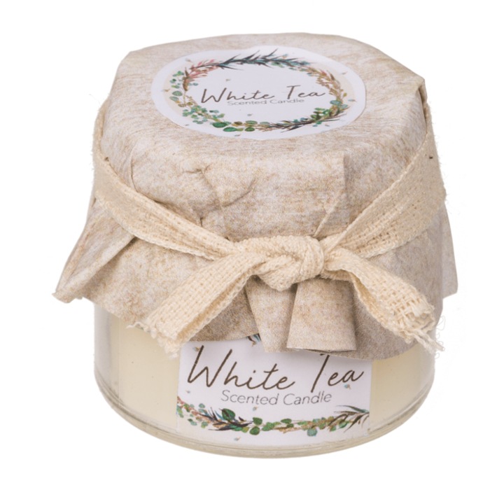 Lumanare parfumata cu ceara naturala, aroma White Tea, in recipient de sticla 4, 5x 4 cm
