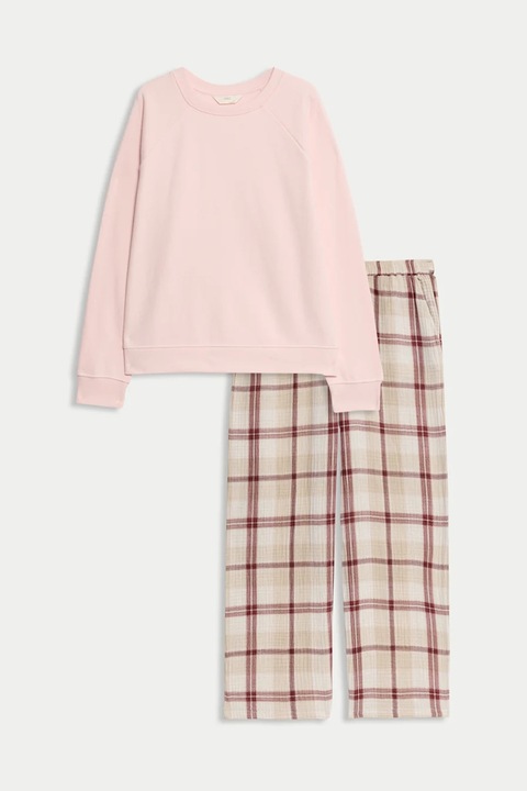 Marks & Spencer, Pijama cu pantaloni lungi cu model in carouri, Bej/Roz