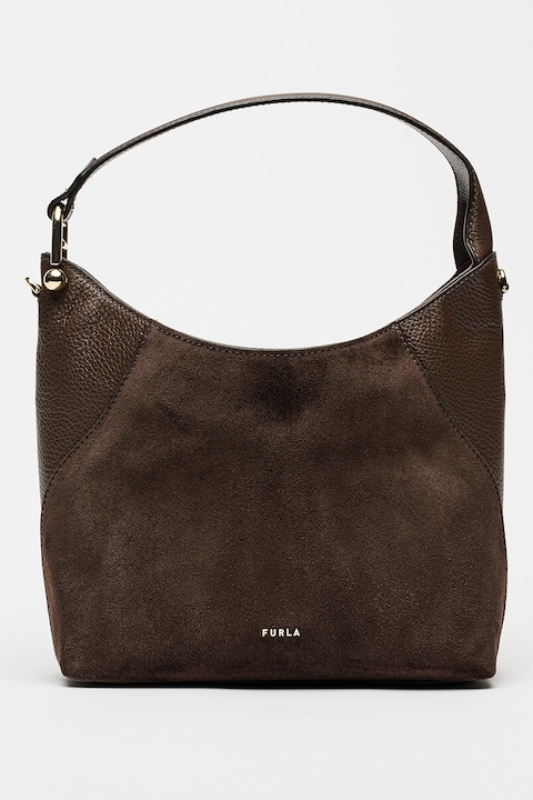 Furla, Велурена чанта за рамо Lara с кожа, Тъмнокафяв