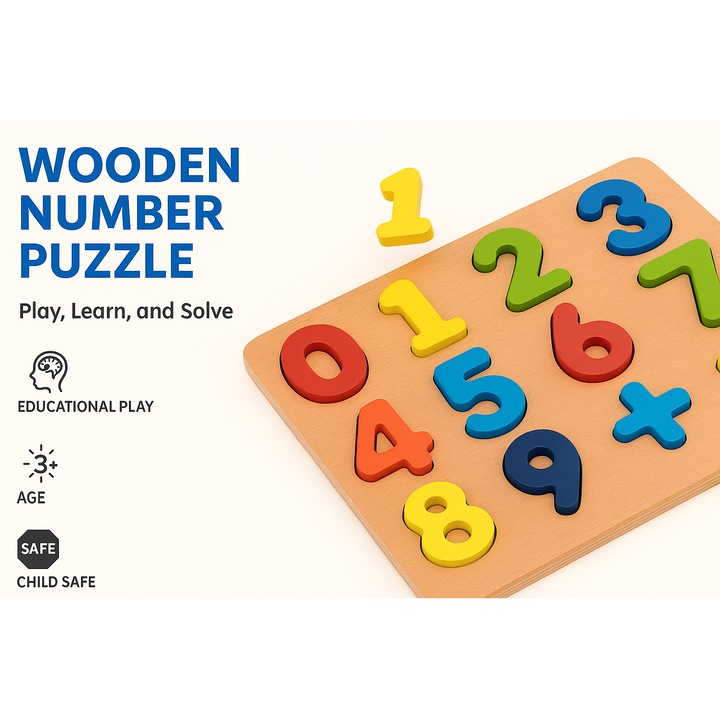Дървен Монтесори пъзел с цифри и математически знаци, учене чрез игра, 0-9, операции + и -, образователен за деца