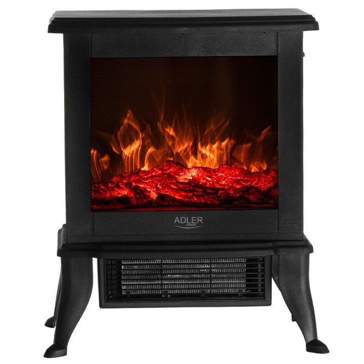 Електрическа печка ADLER AD7754, 3D ефект на пламък, мощност 1000W/1800W, компактен дизайн, черна, 38x24x44.5см