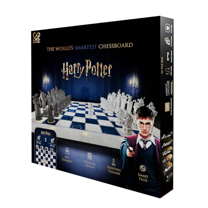 Set de sah inteligent electronic, Particula GoChess Mini, Editie Harry Potter, Replica 1:1, Iluminare inteligenta LED, Piese Magnetice cu senzor, Conectivitate Bluetooth, Aplicatie IOS si Android, Compatibil cu platformele de sah online, Multicolor