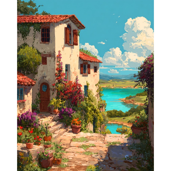 Set goblen cu diamante, cu sasiu, Vila langa lac, 40x50 cm