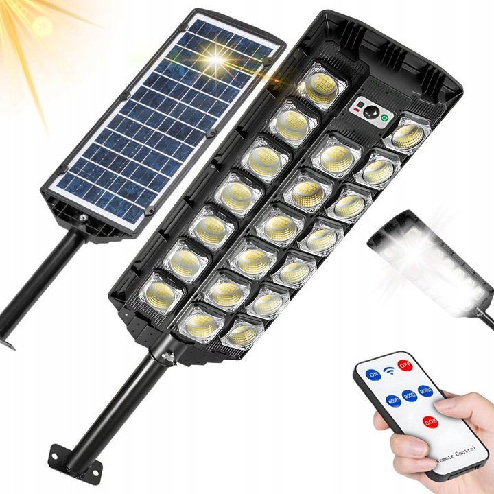 Lampa solara LED, 150W, cu Telecomanda, Senzor de Miscare si Lumina, impermeabila IP65, Programabila, lumina alb rece 6000K