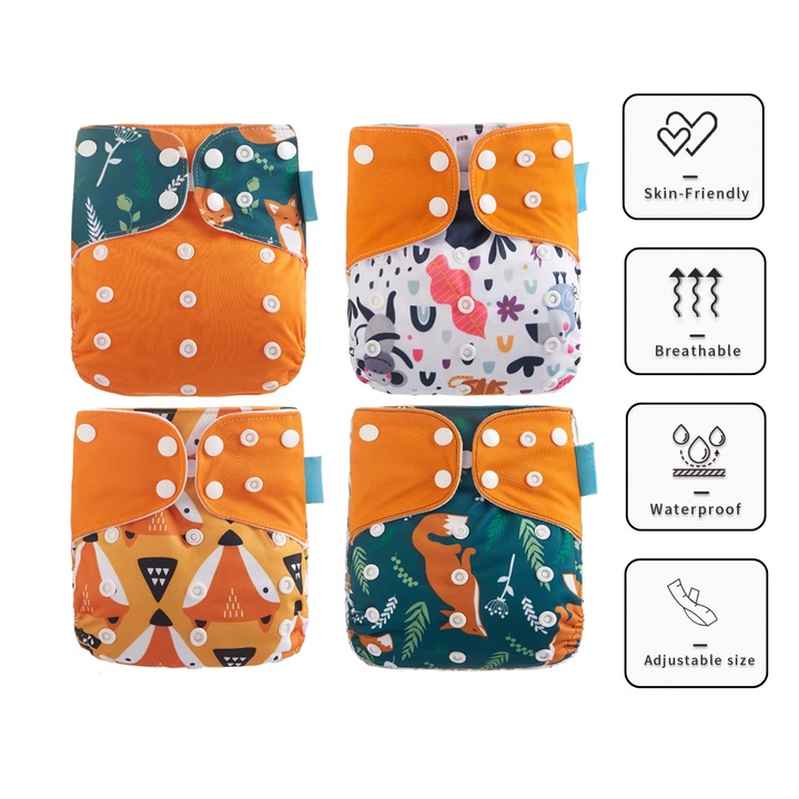 Комплект от 4 пелени BIZAIMO, екологични, многократни, регулируеми, гащички за приучаване към гърне, многоцветни, 3 кг - 15 кг, микрофибърни вложки, оранжеви