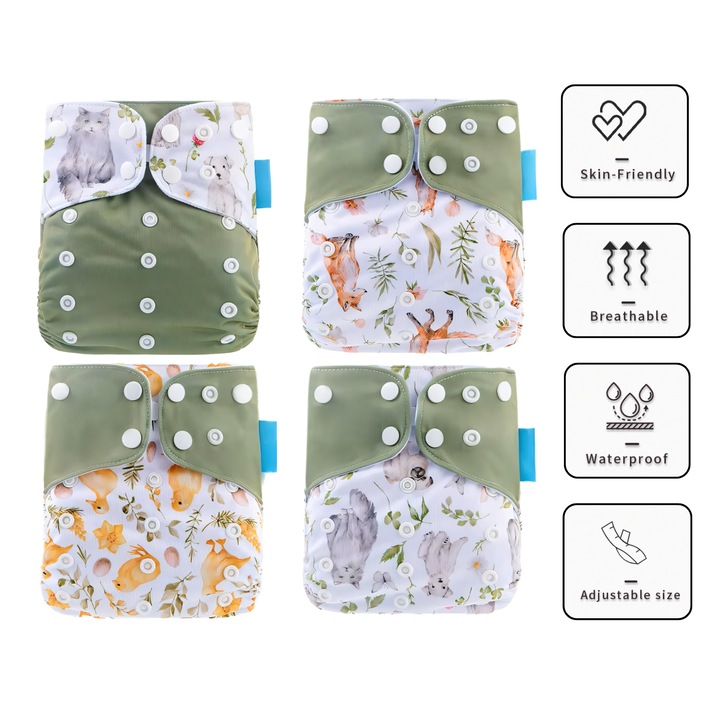 Комплект 4 пелени BIZAIMO, екологични, многократни, регулируеми, гащички за приучване към гърне, многоцветни, 3 кг - 15 кг, микрофибърни вложки, зелени