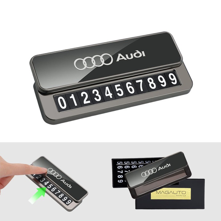 Suport numar auto temporara Audi Premium - aliaj, Logo Audi, Bronz, Capac magnetic, Doua seturi de numere A/B, Include 8 seturi de autocolante magnetice pentru numere, Suport adeziv 3M