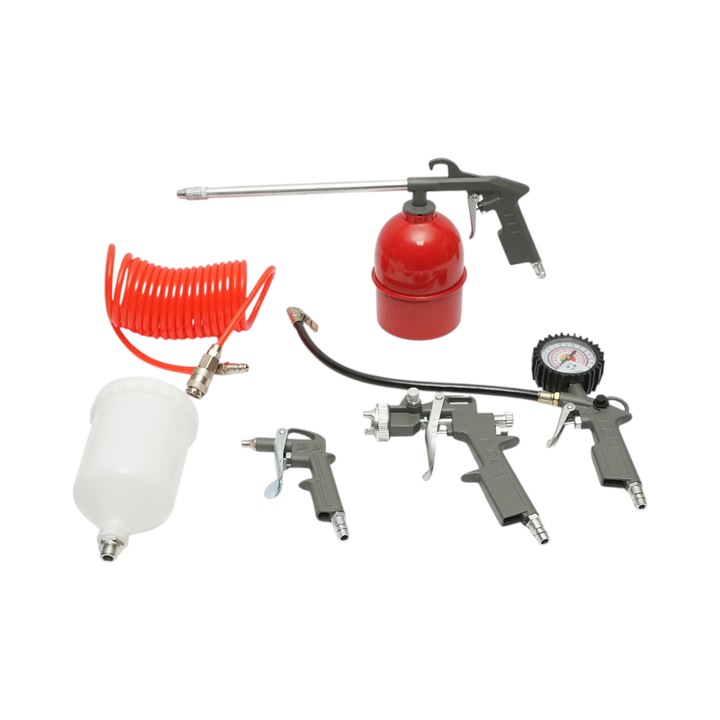 Set 5 piese aer comprimat cu furtun spiralat 5m, pistol spalat, vopsit, umflat si suflat aer