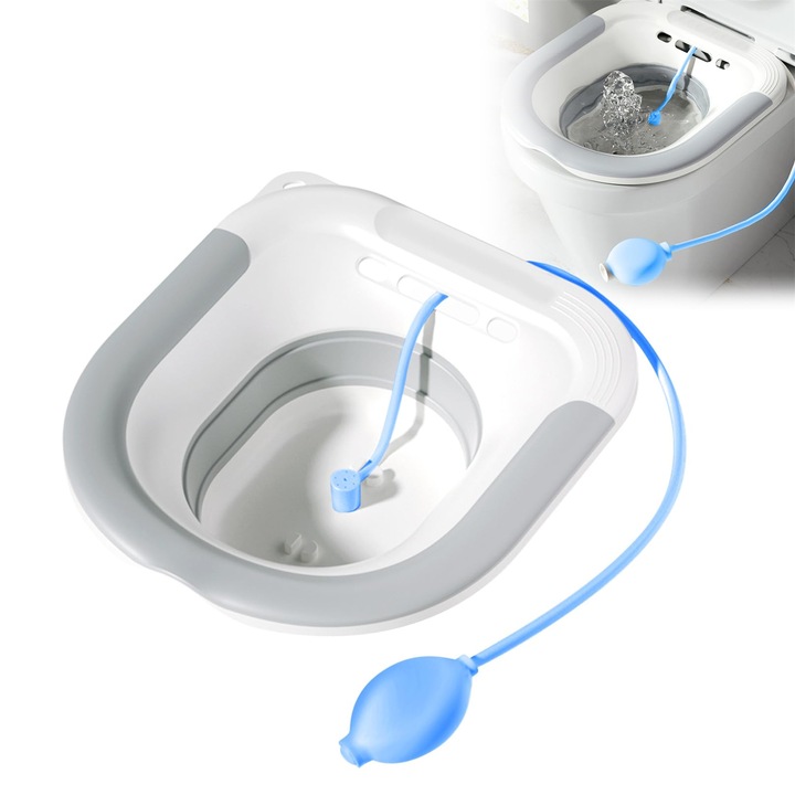 Сгъваема седалка за тоалетна, Bedee, бяло/синьо, 39x35x12,5 см, с регулируем иригатор, за местна хигиена