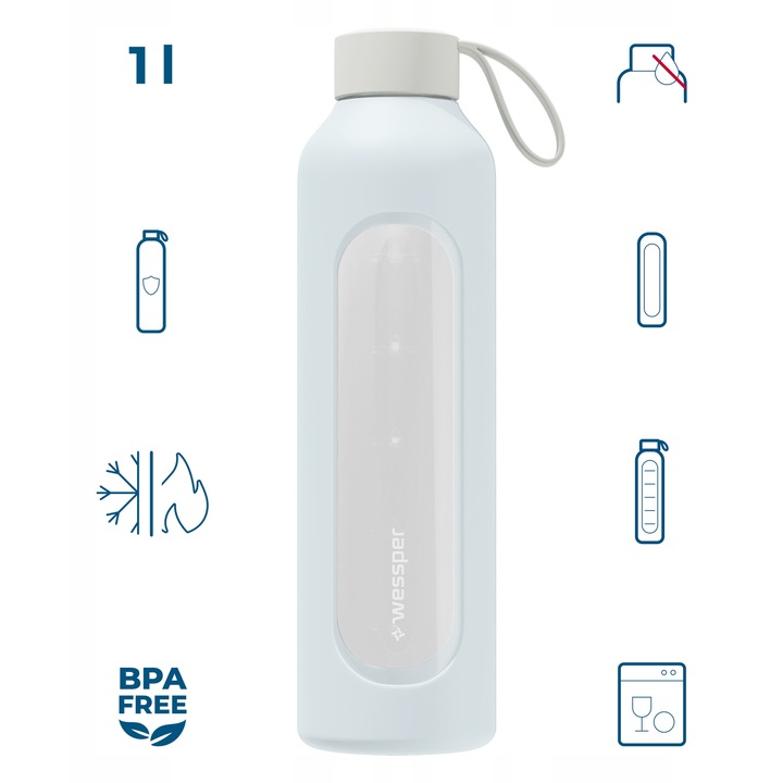 Sticla de apa sport, motivationala, sticla, Wessper B1 BOROSILICATE, 1000ml, albastru gheata, fara BPA + husa de protectie