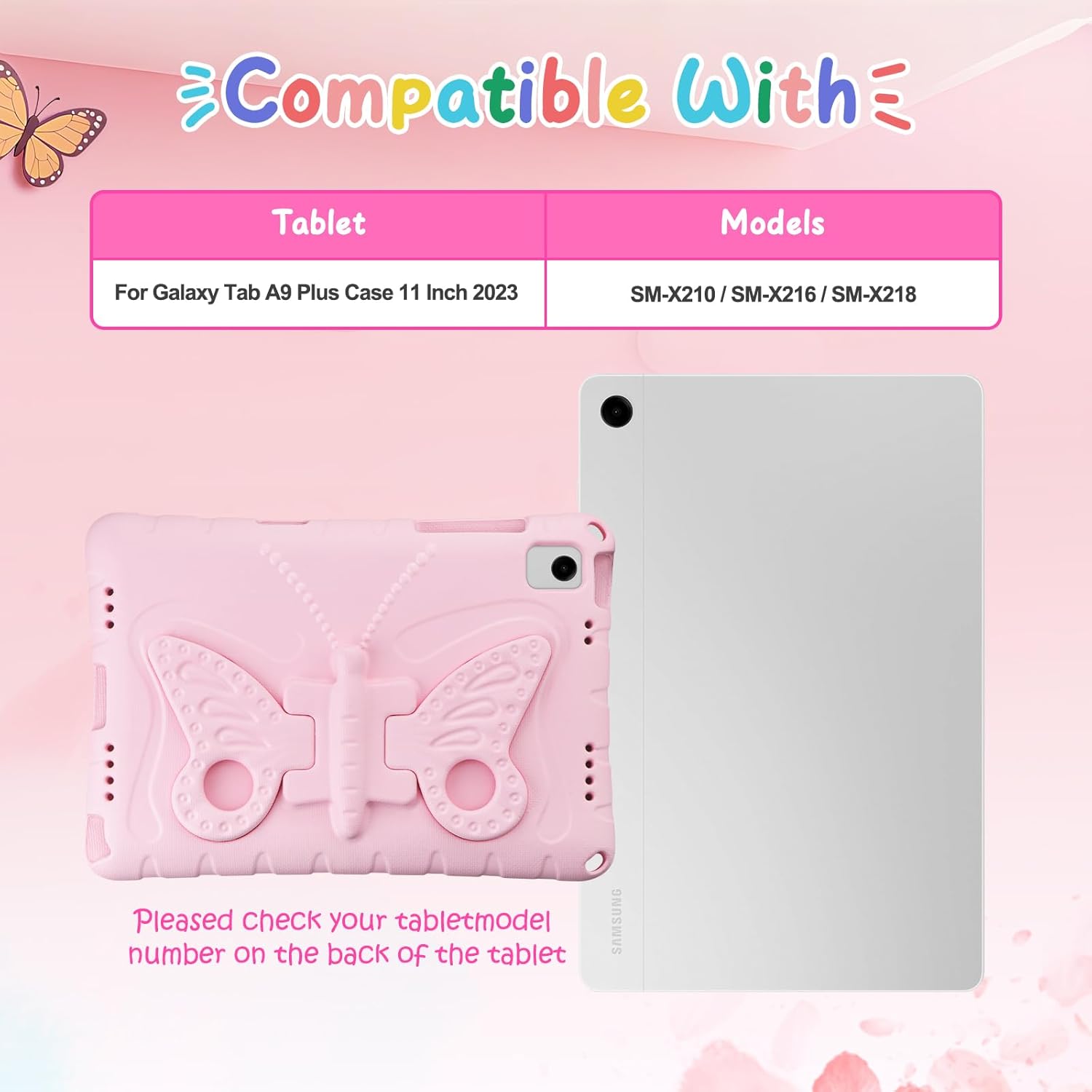 Husa pentru tableta Coolden, Samsung Galaxy Tab A9+ 11", roz, suport fluture, curea umar