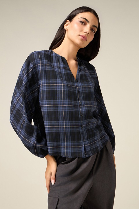 Oltre, Camasa cu decolteu rotund si model in carouri, Albastru inchis/Bleumarin