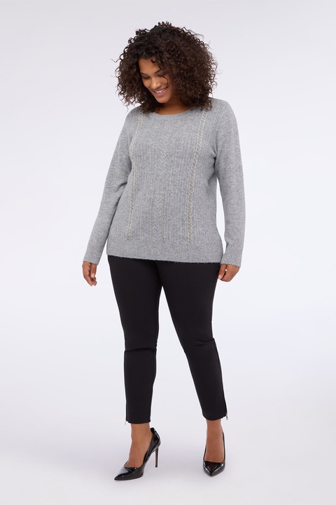 Fiorella Rubino, Pulover cu aplicatii din strasuri si decolteu rotund, Gri deschis