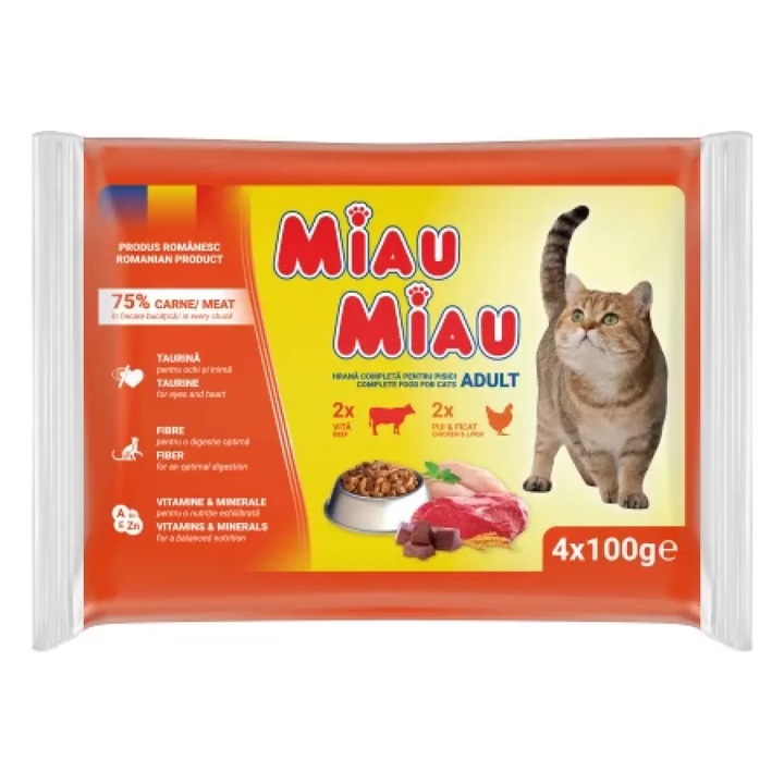MIAU-MIAU Macskaeledel Vegyes Csomag Csirke/máj és Marha Tasak 4x100G
