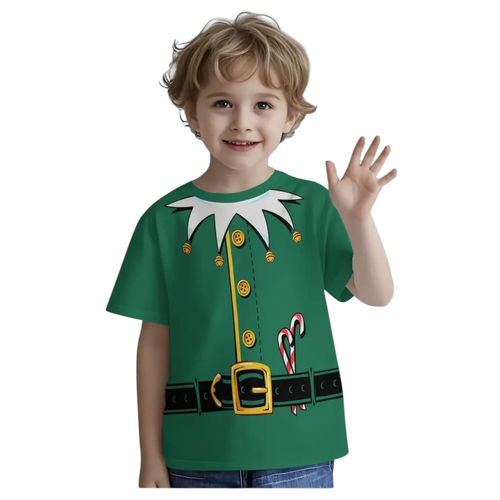 Tricou model spiridus, pentru copii, verde, marime 7-8 ani