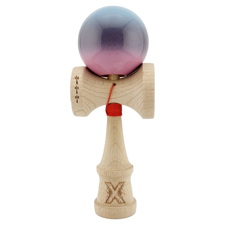 Kendama Profesionala X, Lemn, Super Sticky, Big Cups V2, Albastru Deschis/Mov/Roz, Ata 55 cm