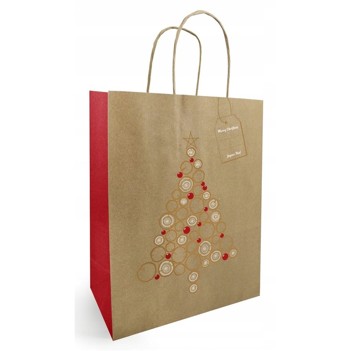 Sac De Craciun, Neaparat, Model Brad, Tip Manere Sfoara Din Hartie, Tip Fund Blocuri, Executie De Inalta Calitate, 26 Cm X 12 Cm X 32 Cm, Bej