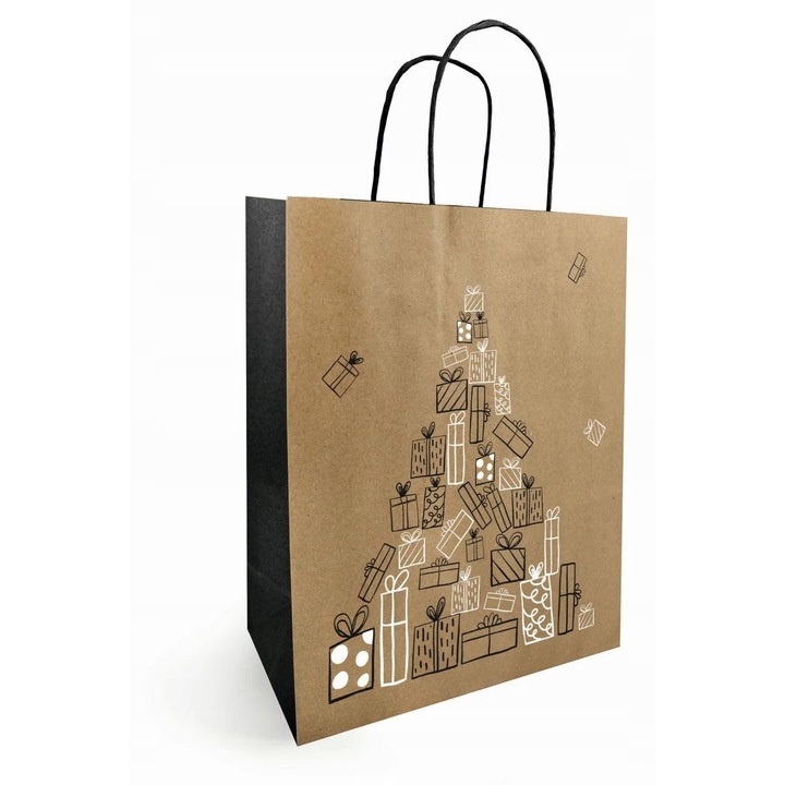 Sac De Craciun, Neaparat, Model Brad, Tip Manere Sfoara Din Hartie, Tip Fund Blocuri, Executie De Inalta Calitate, 18 Cm X 8 Cm X 22 Cm, Bej