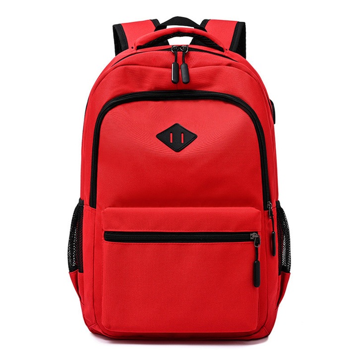 Rucsac Multifunctional cu Port USB Incarcare, Esther Beauty®, 23L, Compatibil Laptop pana la 15.6" - Rucsac de Calatorie, Birou, Scoala si Sport, Compartimente Multiple, Unisex, Rosu, 46x31x16 cm