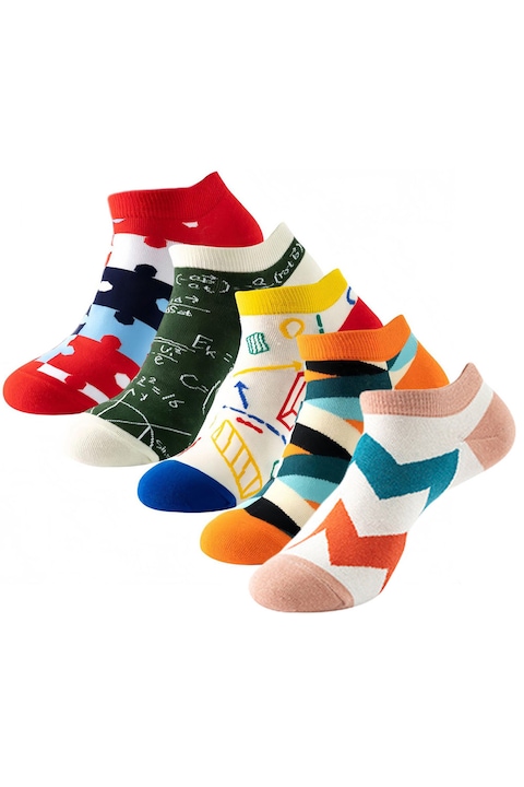 Set 5 Perechi de Sosete Dama, AEWOYAD®, Model Amuzant Noutate Colorat, Unisex, Sosete Confortabile de Primavara/Vara, Marime 35-40, Serie Geometrica