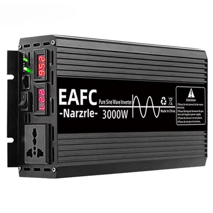 Invertor auto 3000W, sinusoidal pur, protecție la supratensiune, negru, 12V la 220V