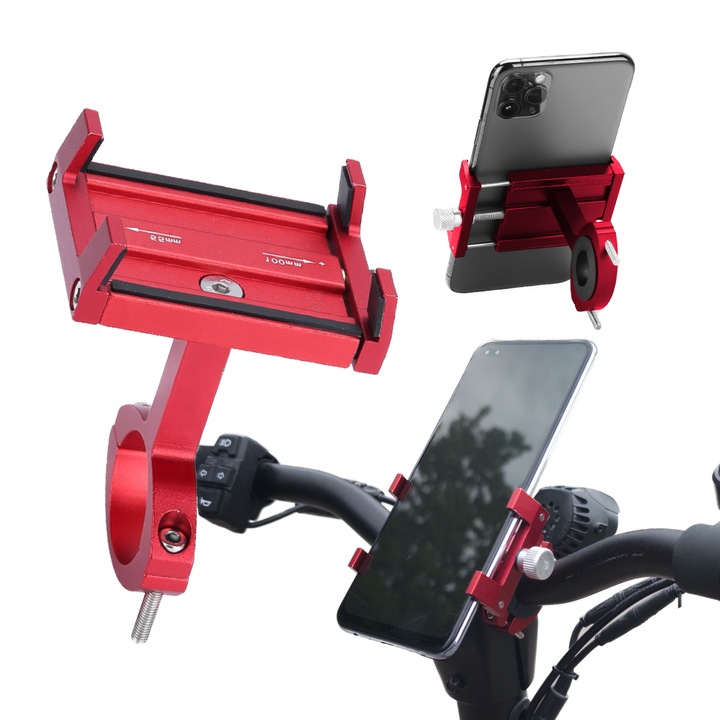 Suport de telefon metalic POWERFUL pentru scuter, ghidon, rosu Resa