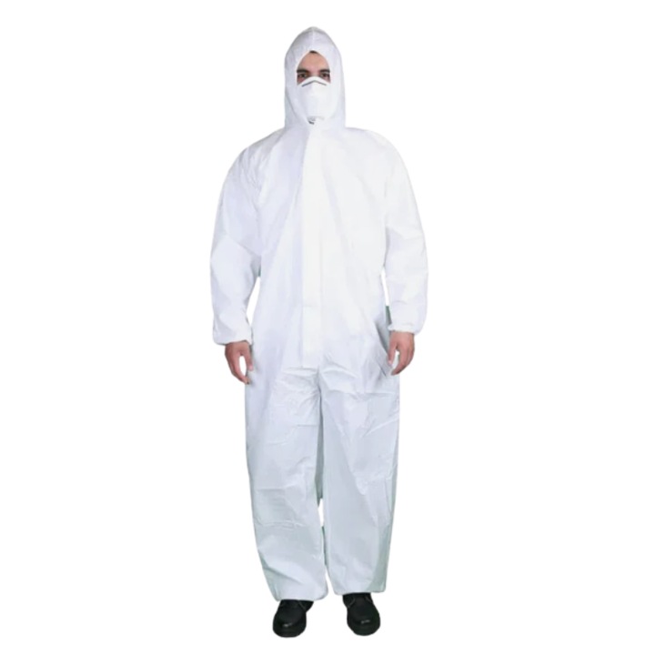 Combinezon de protecție alb, 3XL, tip 5/6, cu glugă, fermoar acoperit