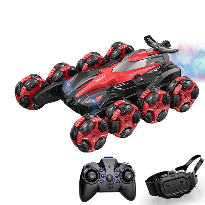 Masina de jucarie electrica ZYTEQ®️ 8 roti, tractiune integrala 4WD, telecomanda 2.4G si control prin ceas, viteza mare, drift cu aburi si cascadorii 360 de grade, rosie