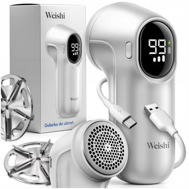 Razuitor electric pentru haine Weishi, 3 lame din otel inoxidabil, 6W, alimentare acumulator 1200mAh, multicolor, 10.5x10.5x10cm