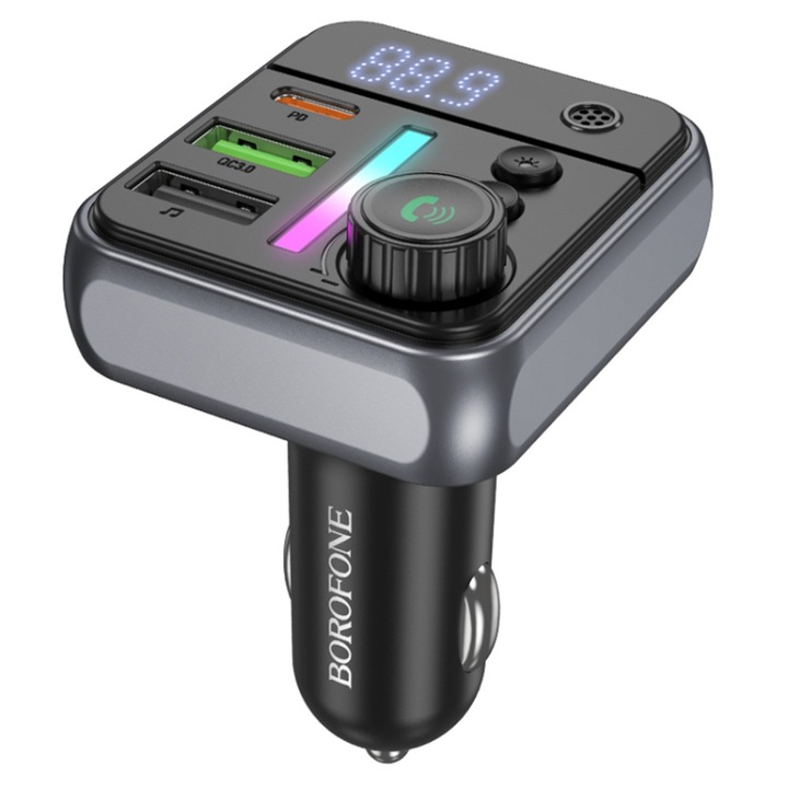 Modulator FM Auto Borofone Ascenso – Bluetooth 5.4, 38W, Dual USB + Type-C, QC/PD Fast Charge, RGB Ambient Light – Negru