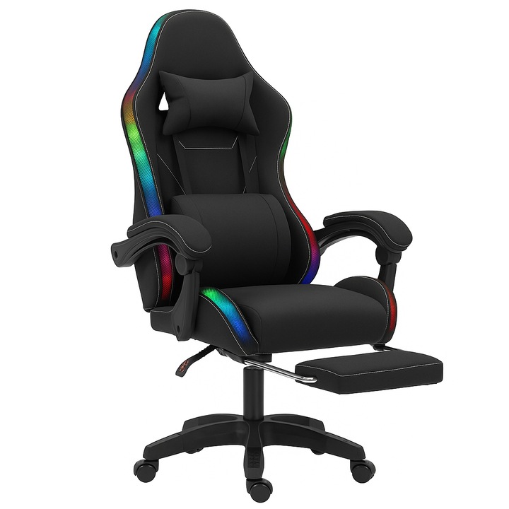 Scaun Gaming B1 RGB cu Suport Picioare si functie sezlong, Material Textil Negru, Perne Lombar & Cervical, Iluminare RGB 7 Culori + Mode Multicolor