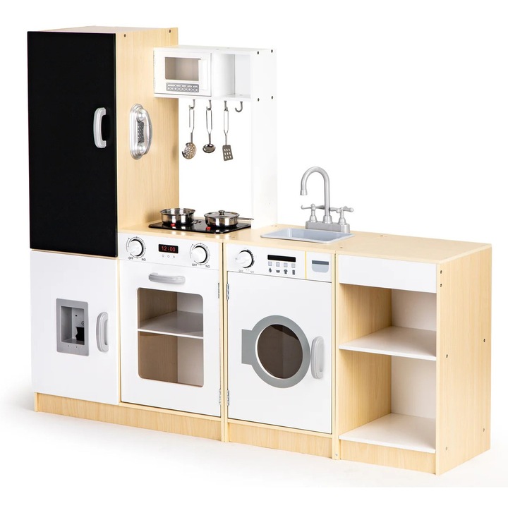 Bucătărie din lemn pentru copii, ECOTOYS, cu LED, 4 segmente, multicolor, 127x29, 5x106cm