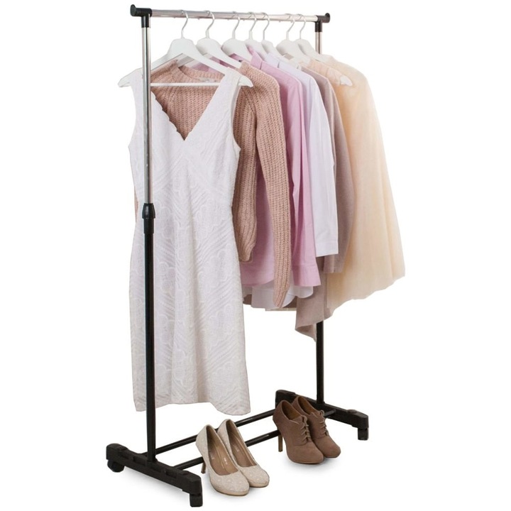 Suport pentru Haine pe Roti AB HOMES, Bara Reglabila, Stender cu Suport pentru Incaltaminte, 160 cm, Negru, Design Modern si Practic