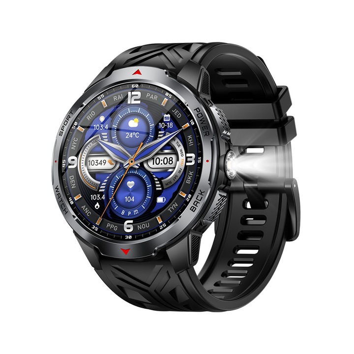 Ceas Smartwatch, model KT88, ecran de 1, 7 inch, lanterna, baterie de 1100 mA, apeluri Bluetooth, mesaje de apel social, notificari inteligente, modul de miscare, modul de somn, monitorizarea ritmului cardiac si oxigenului, negru
