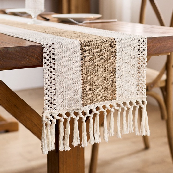 Asztalterítő, pamut és len, fehér barna színnel, 30x50cm, rojtokkal