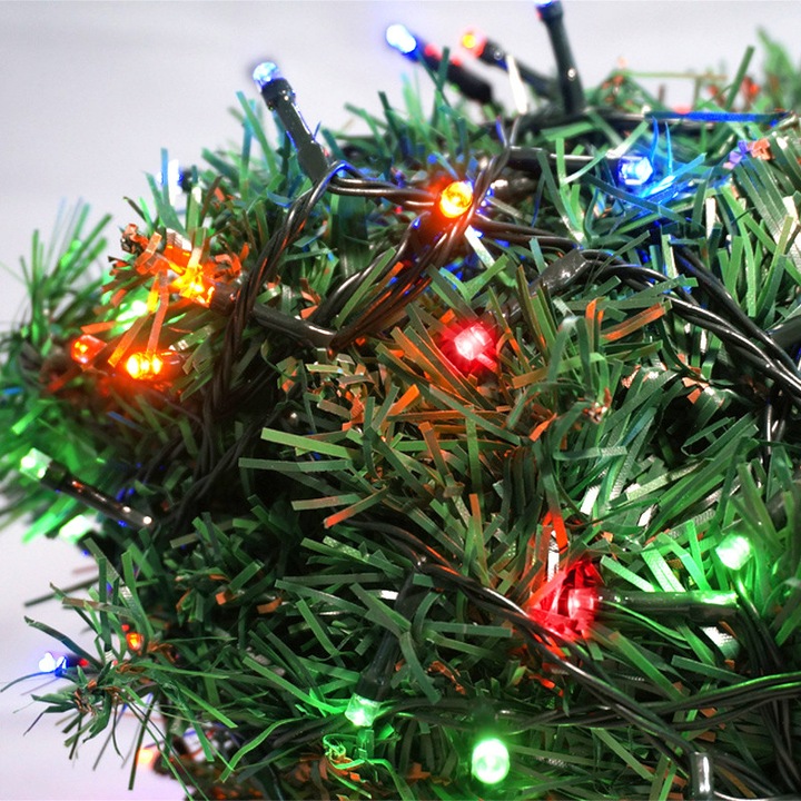 Instalatie de Craciun programabila pentru exterior, 100 LED-uri, lungime 15m (10m leduri+5m cablu alimentare), telecomanda, multicolor ( rosu, albastru, portocaliu, verde), Mentavill