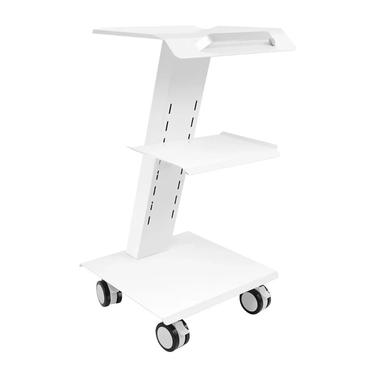 Carucior utilitar din otel cu 3 niveluri si prize, inaltime reglabila, capacitate de incarcare 100 kg, alb