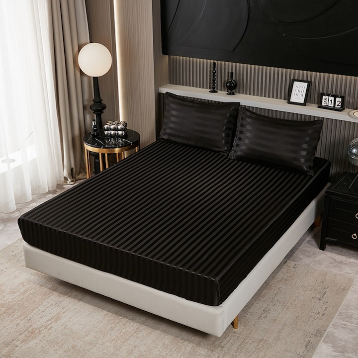 Set de lenjerie 3 piese, cearceaf cu elastic satin, cearceaf din matase artificiala, fata de perna, negru, 153x203cm