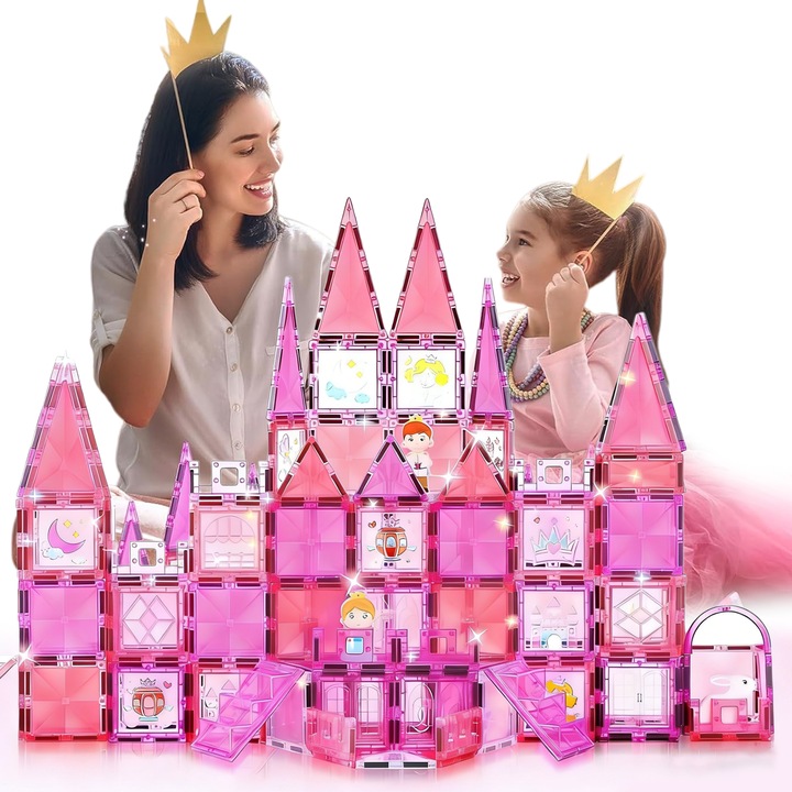 Set de constructie cu placi magnetice, Morovan, Tema Printesa Castelului 37 de Piese, Dezvoltarea Abilitatilor Motrice si a Imaginatiei, Jucarie Educativa pentru Copii 3+ Ani, Roz