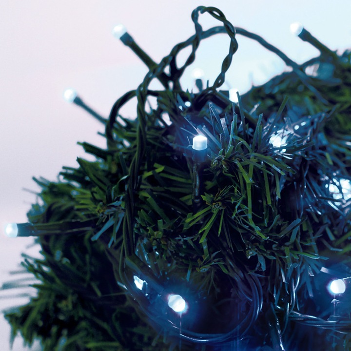 Instalatie de Craciun programabila pentru exterior, 100 LED-uri, lungime 15m (10m leduri+5m cablu alimentare), telecomanda, albastru, Mentavill