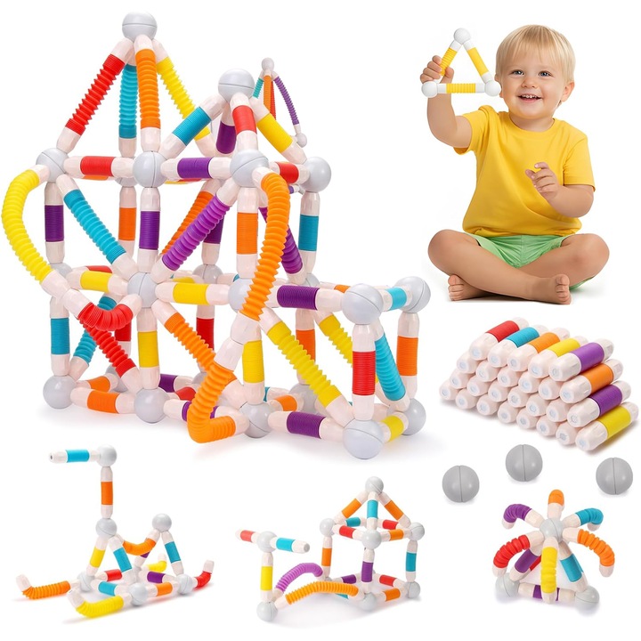 Set Jucarii Magnetice pentru Constructie, Morovan, Magnetic Sticks 3D, 90 PCS Baturi magnetice retractabile pentru constructia jucariilor Set-Flexibile Baturi magnetice si bile, blocuri de constructie educationale pentru 3 + copii