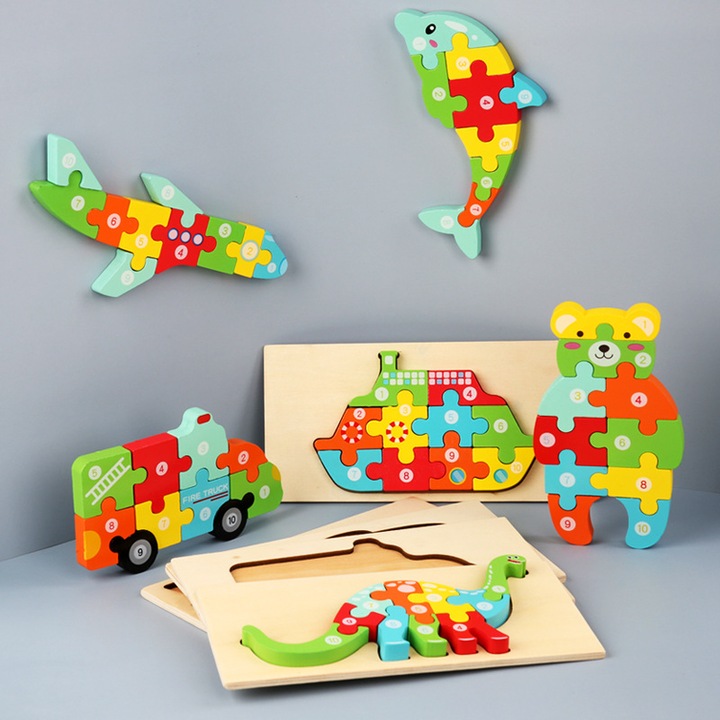 Set Puzzle Educativ din Lemn Montessori pentru Copii, Jucarie de Invatare Timpurie pentru Numere, Culori si Forme, 6 Modele: Dinozaur, Camion de Pompieri, Barca, Avion, Urs si Delfin, Dezvoltare Cognitiva, 3–5 Ani