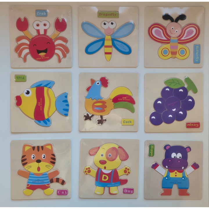 Set 9 puzzle din lemn, 15x15cm, imagini colorate