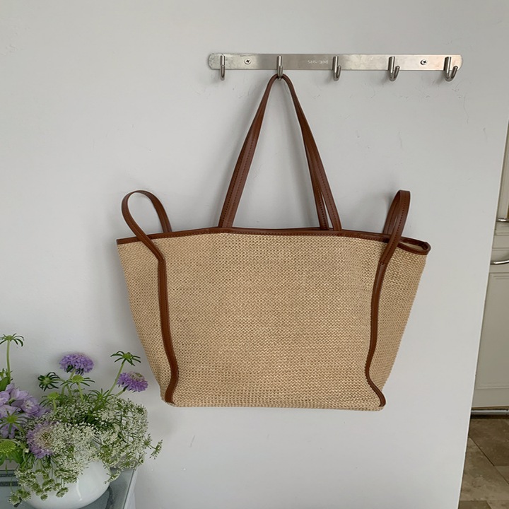 Дамска сламена чанта, чанта за рамо, голям капацитет, кафяв цвят