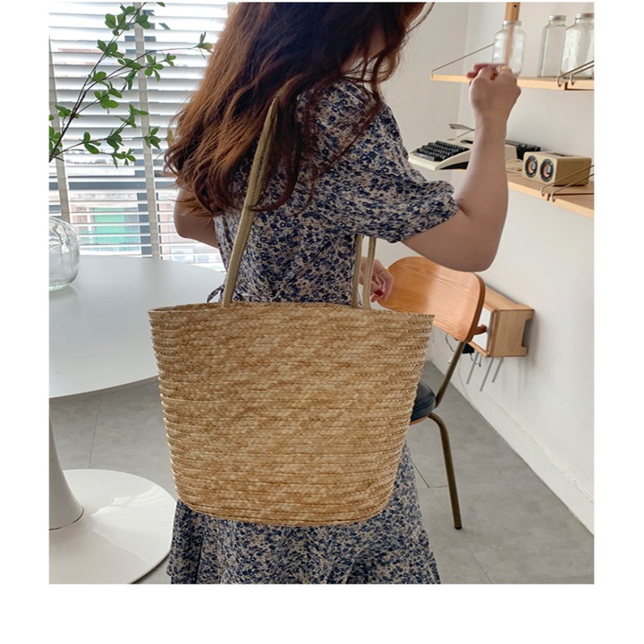 Сламена чанта за рамо, френски ретро стил, голям капацитет, едноцветна, праскова