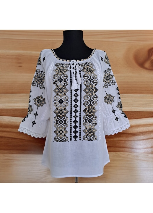 Ie tradițională românească Infinity, brodată, alb și auriu deschis, mărimea 3XL