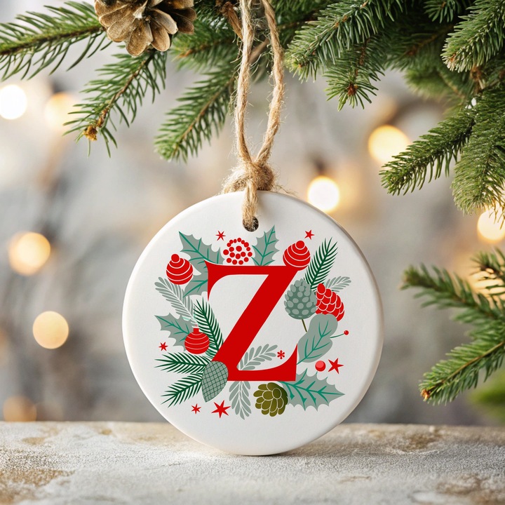 Ornament de craciun din ceramica cu litera Z, initiala numelui cu motive de Craciun, decoratiune pentru brad, idee cadou de craciun, rosu si verde