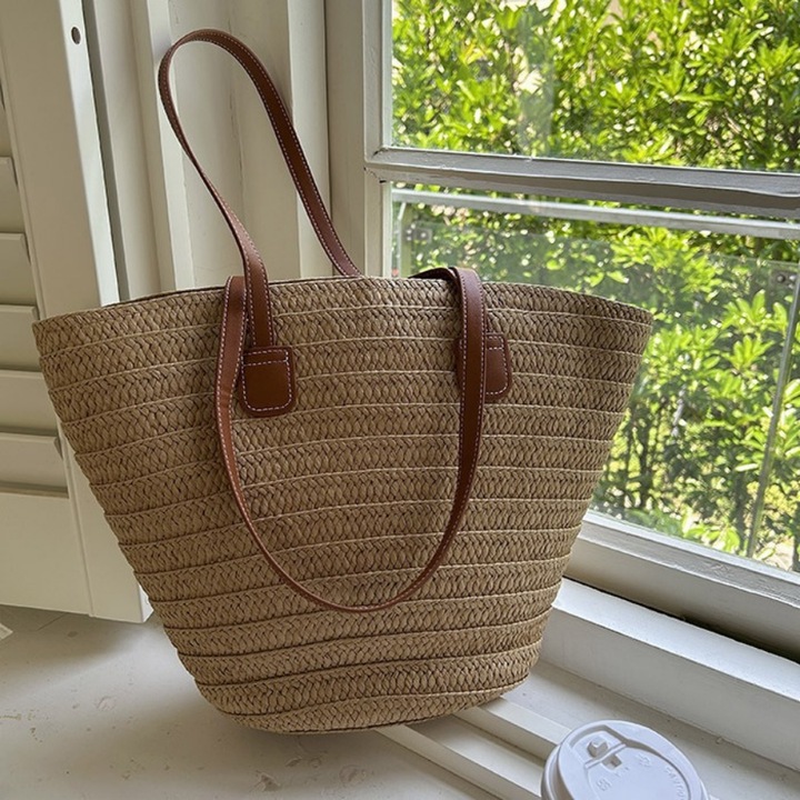 Дамска сламена чанта, дизайн за електронни спортове, цвят каки, голям размер, комплект плажна чанта.