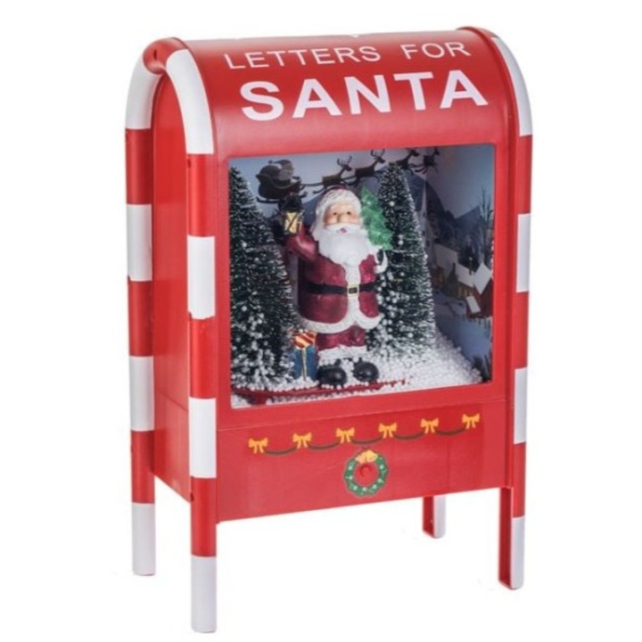 Decoratiune de Craciun AB HOMES, Cutie Postala cu Mos Craciun, 33 cm, cu Lumina LED si Muzica, Figurina Festiva pentru Casa sau Birou, Design Vintage Elegant