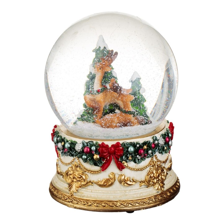 Glob Zapada Craciun Muzical Ren Vintage cu Brad si Baza Dantela Bej 14cm Decoratiune din Sticla Shopiens®